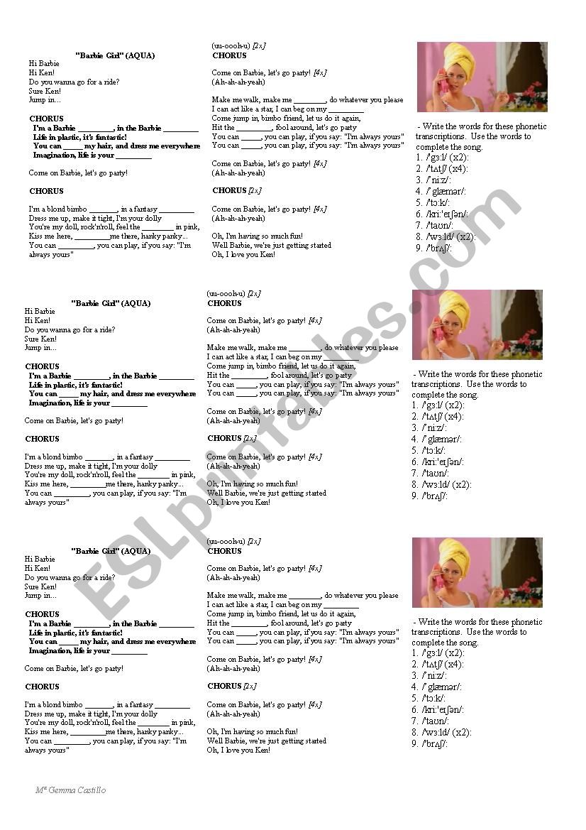 Barbie girl AQUA worksheet