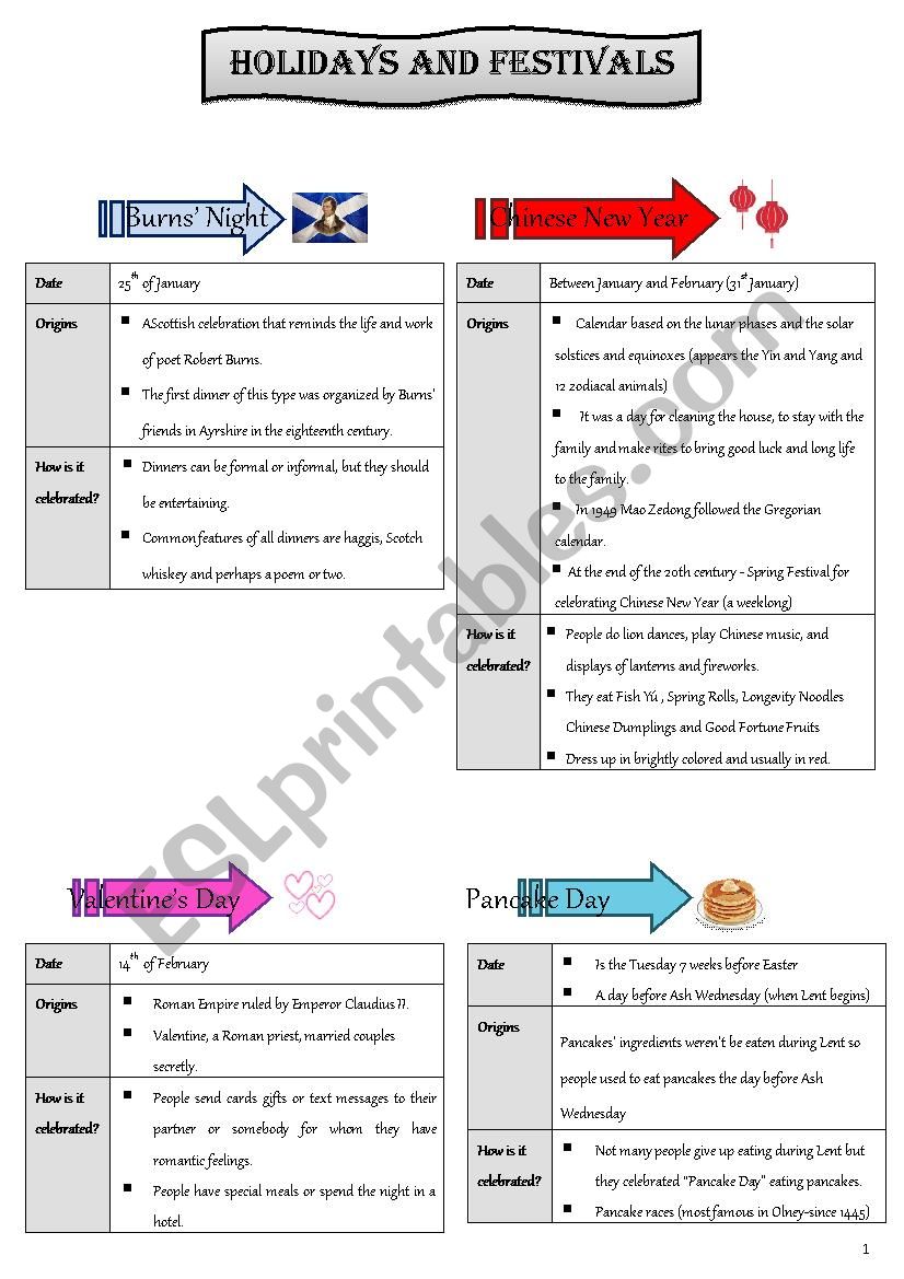 UK holidays and festivals worksheet