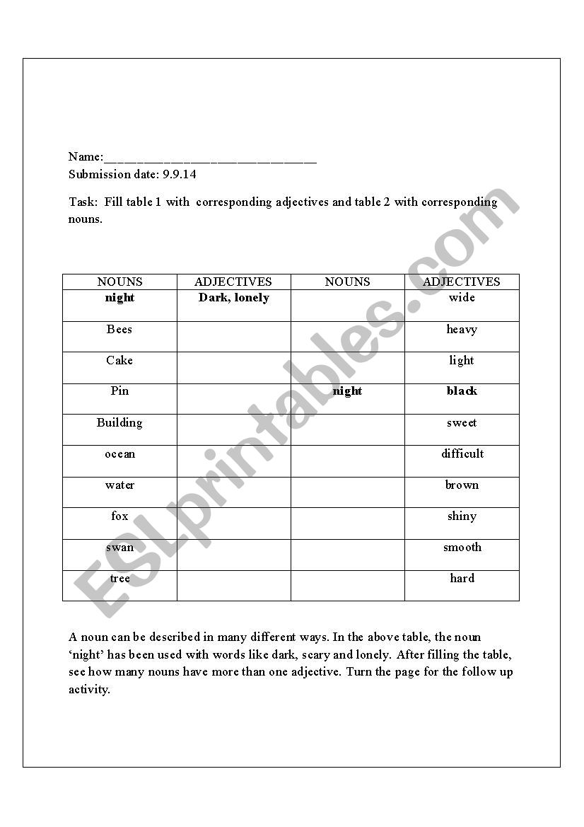 Adjectives and Nouns worksheet