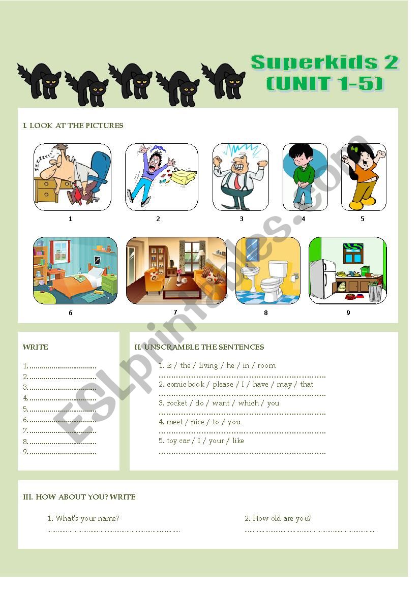 Mini test for the Book Superkids 2 (Unit 1 - 5) with ANSWER KEY