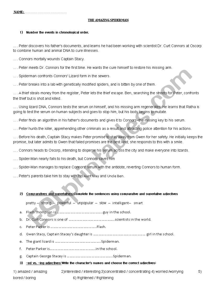 The Amazing Spiderman Movie Worksheet