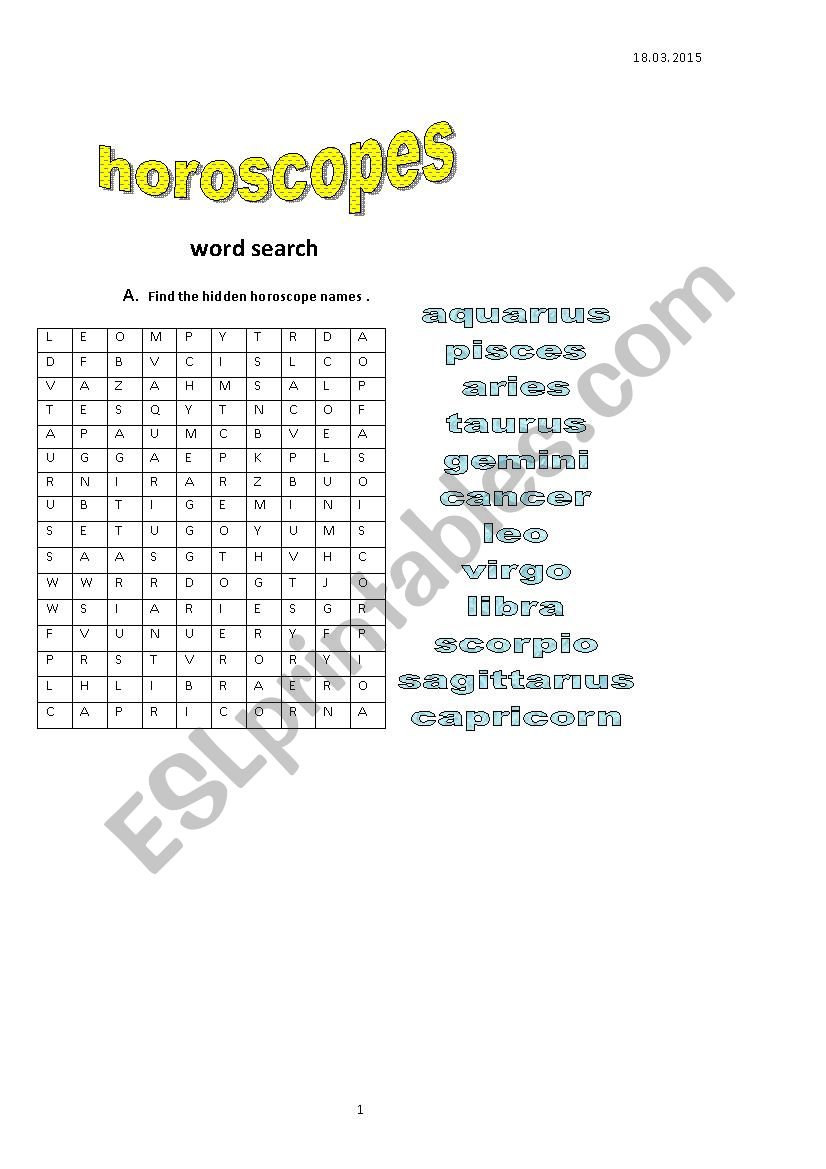 horoscope word search, signs of zodiac, 