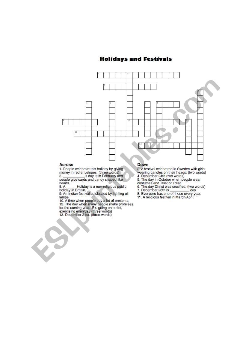 Holidays and Festivals Crossword
