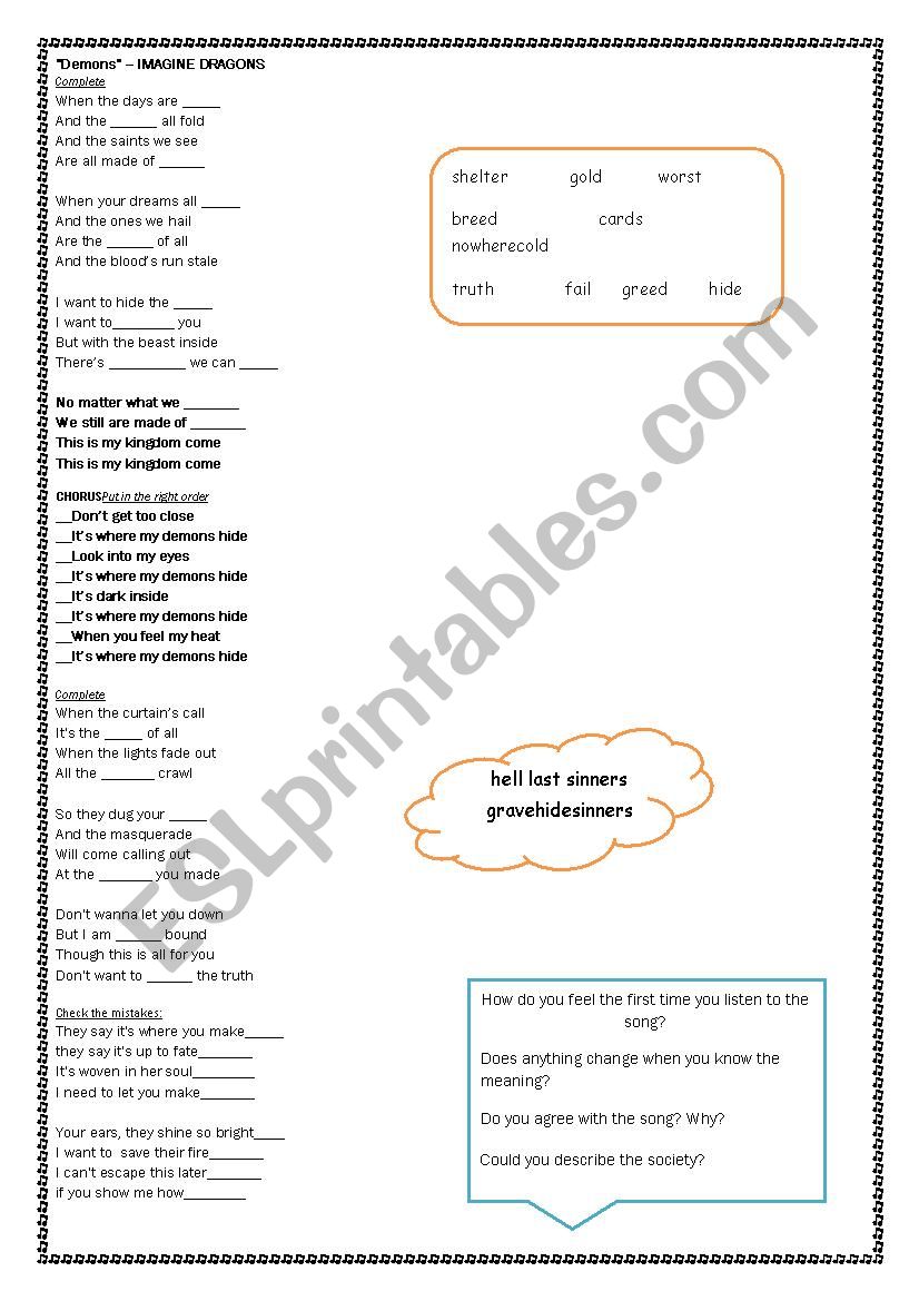 Imagine Dragon Song worksheet