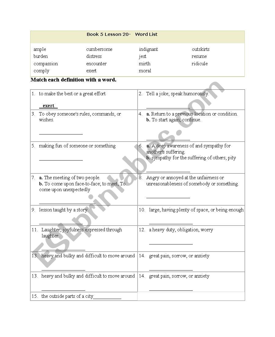 General vocabulary worksheet