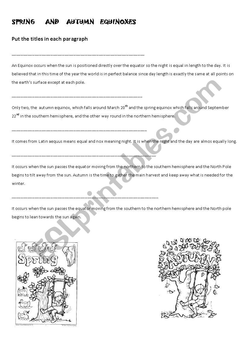 Spring and autumn Equinoxes worksheet