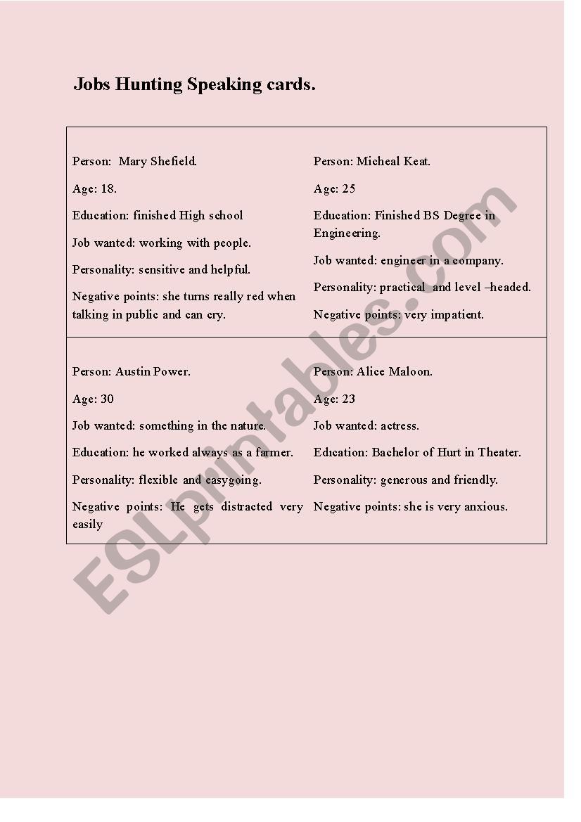 Working speaking cards worksheet