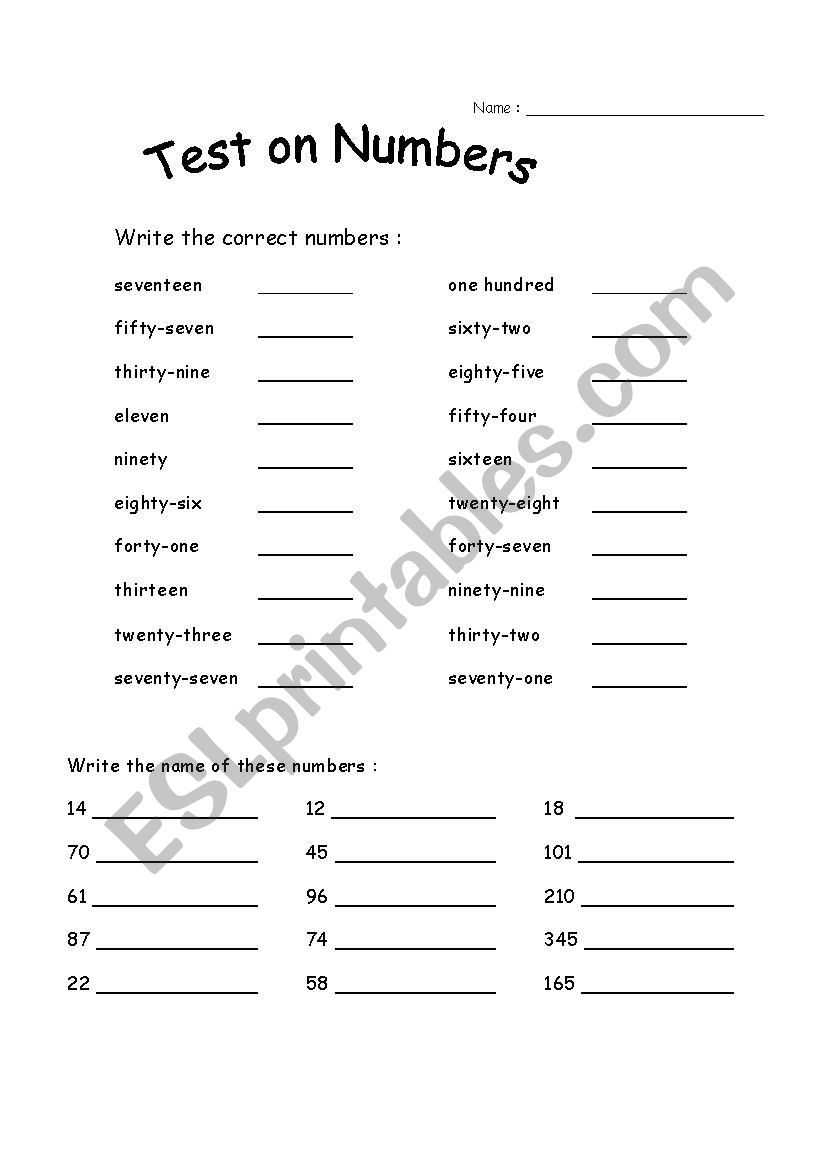 Test on Numbers worksheet