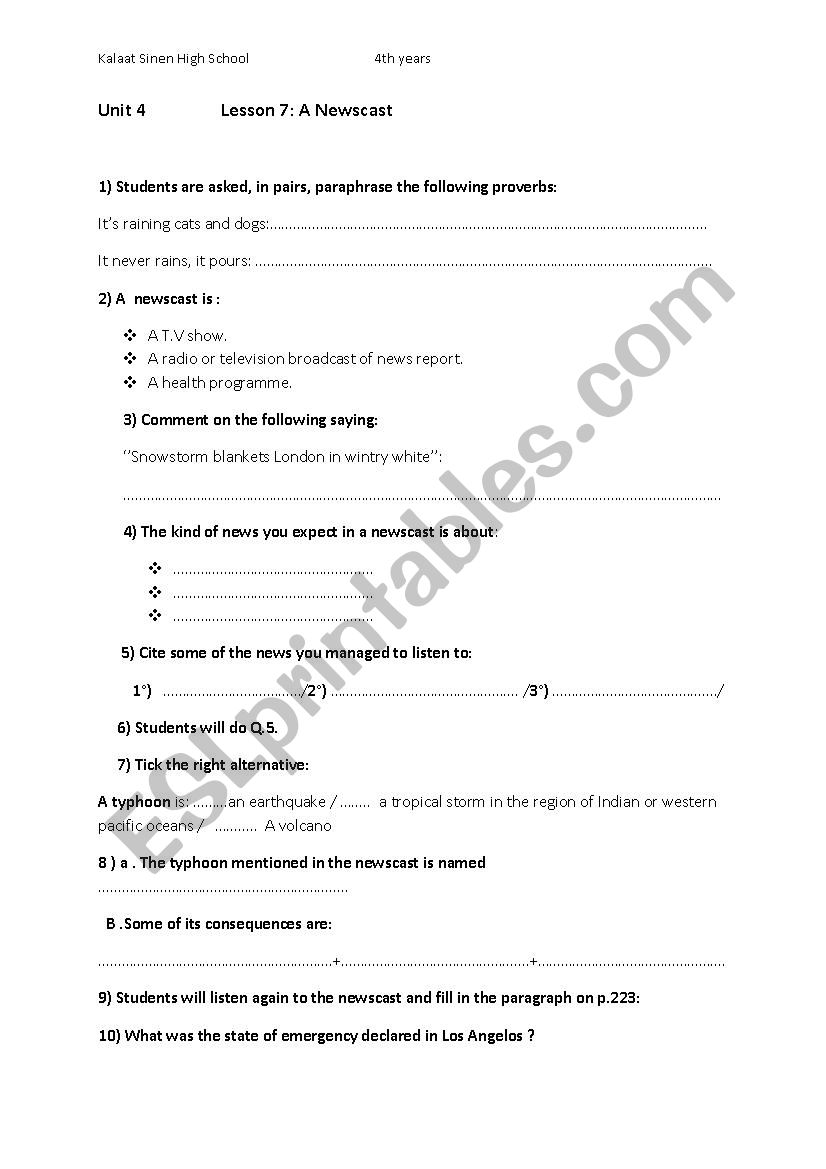 a newscast worksheet