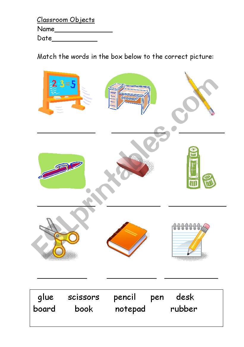 Classroom Objects worksheet