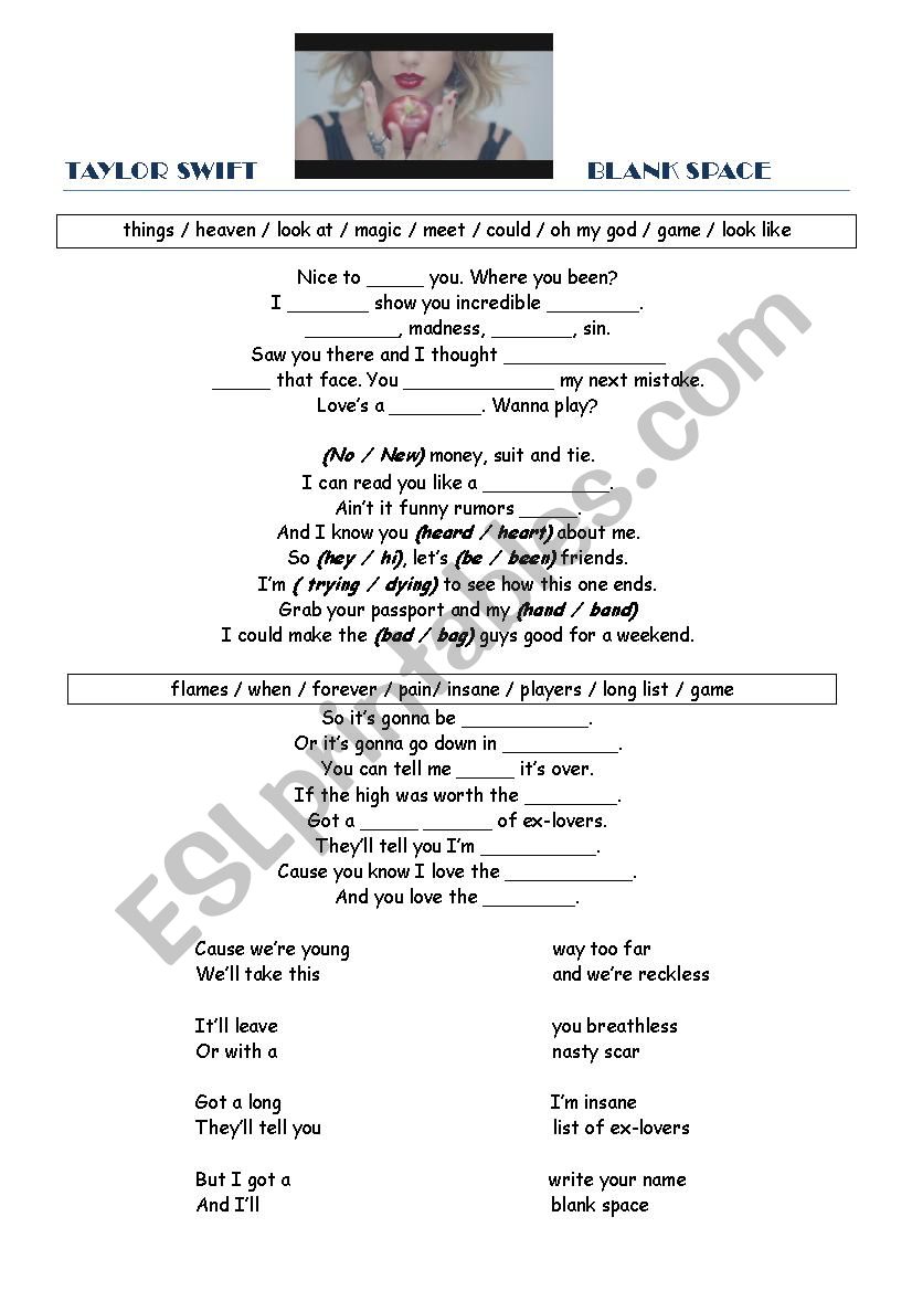 Taylor Swift Blank Space Lyrics Worksheet Esl Worksheet