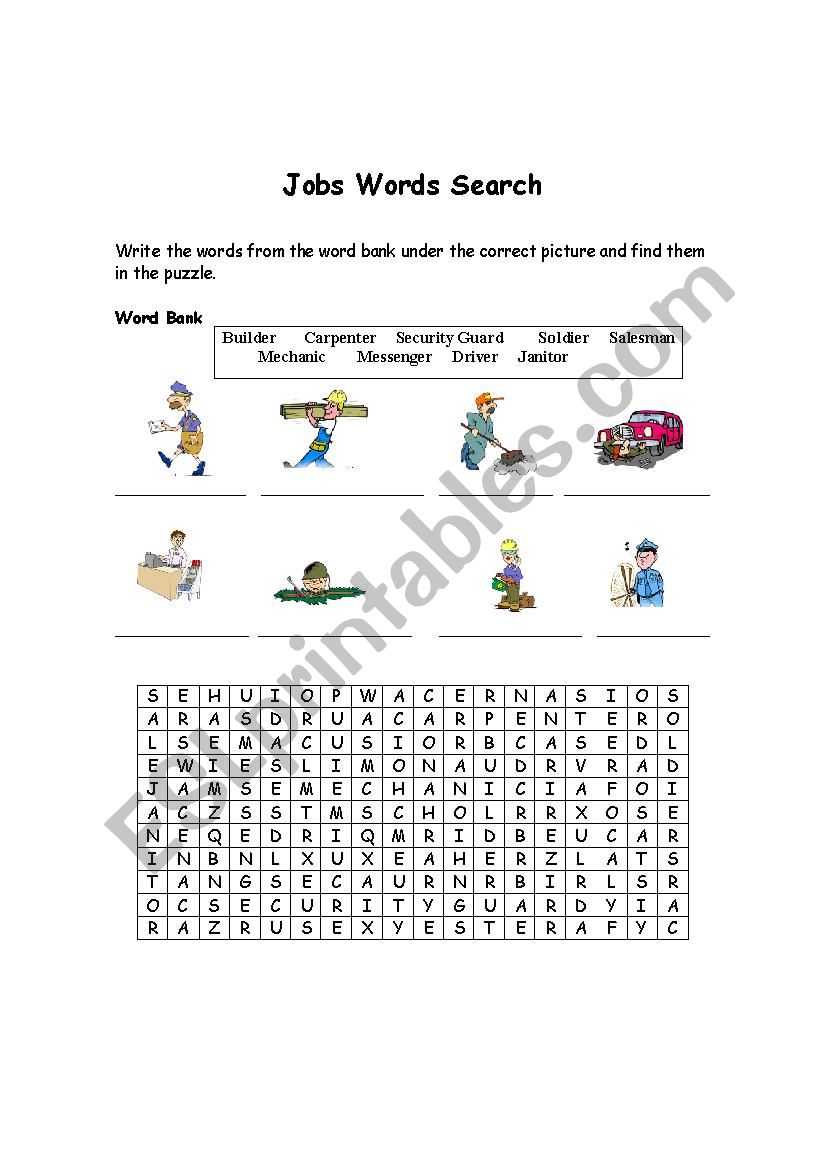 Jobs word search  worksheet