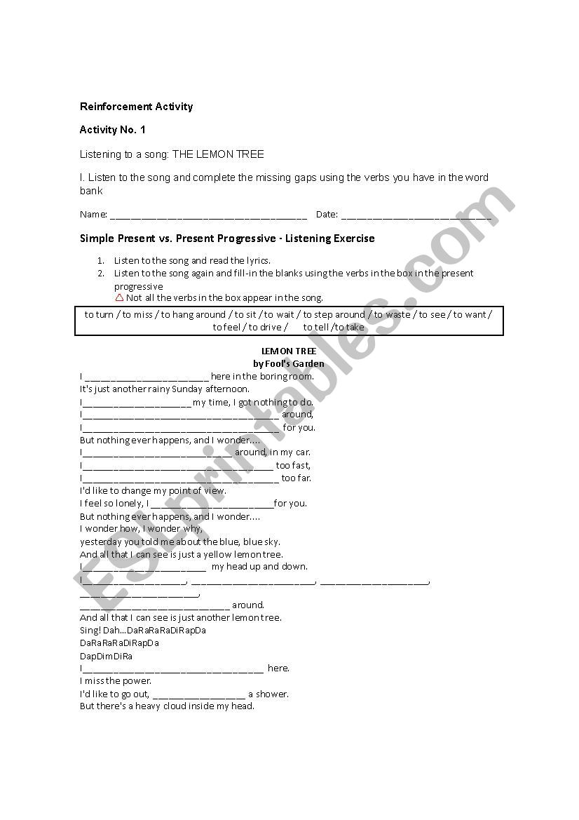 THE LEMON TREE SONG worksheet