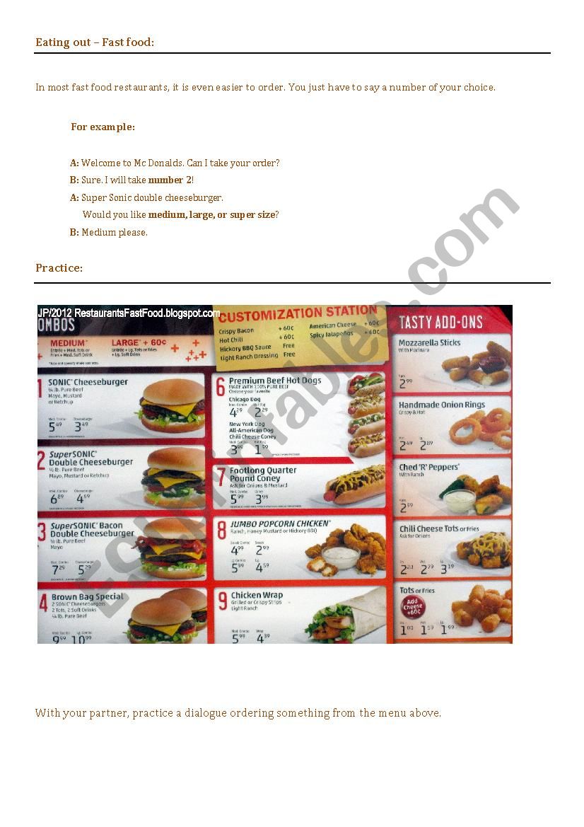 Eating out fast food worksheet