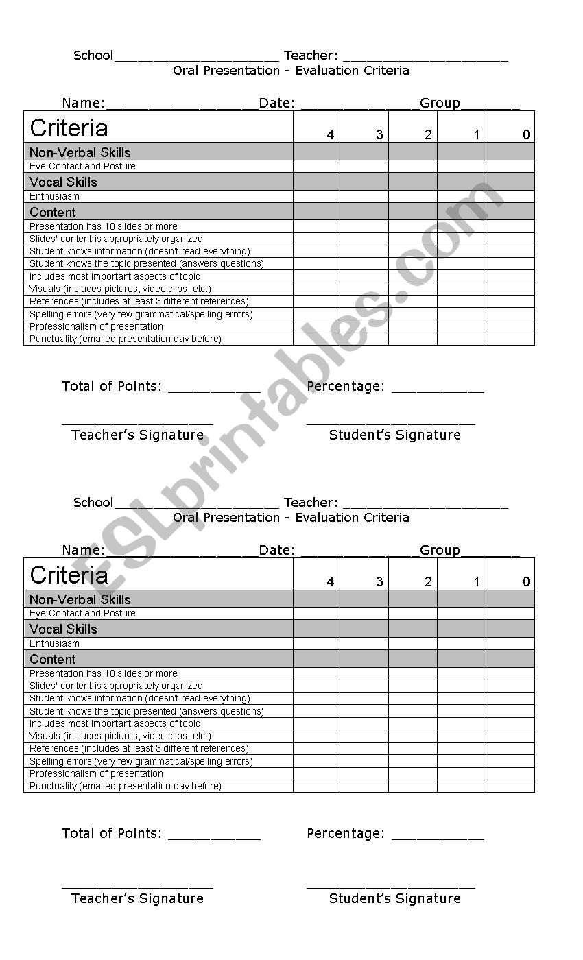 Oral Presentation Rubric worksheet