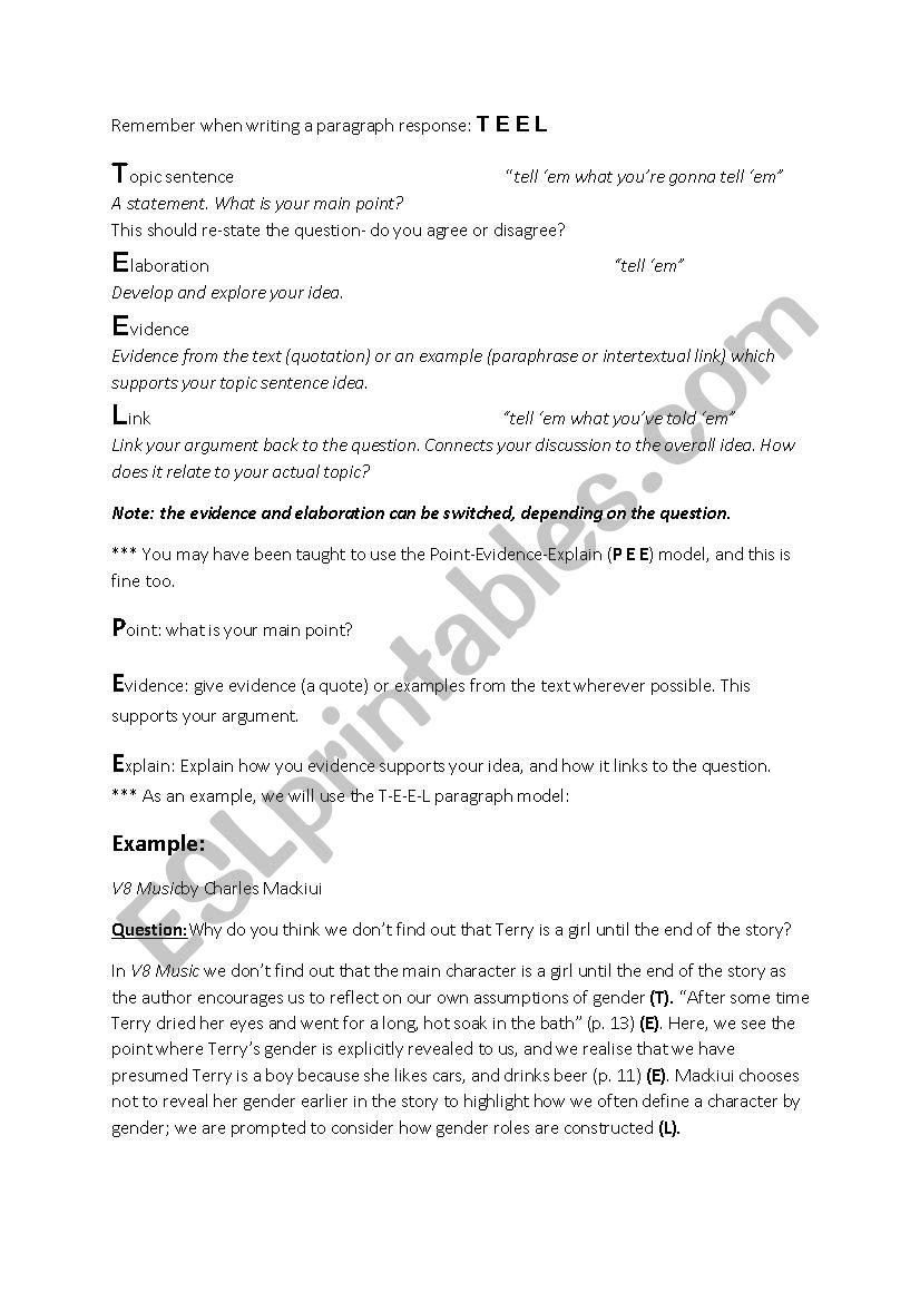 TEEL Paragraph Structure worksheet