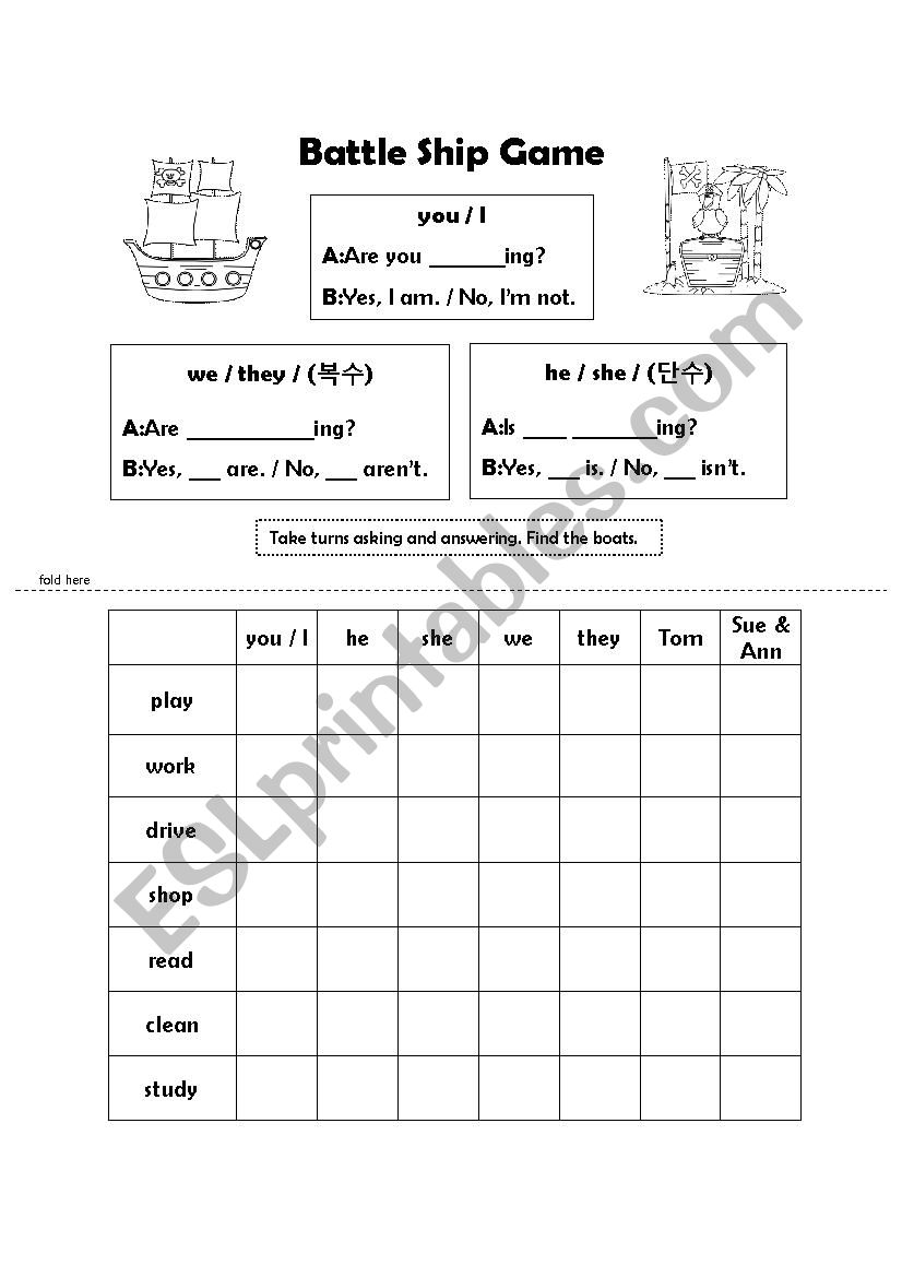 Battle Ship Game ~ing verbs worksheet