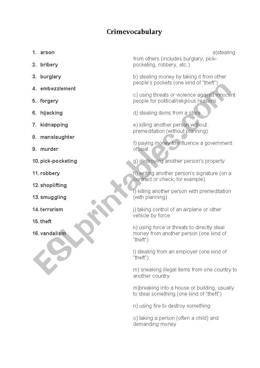 Crime - vocabulary worksheet