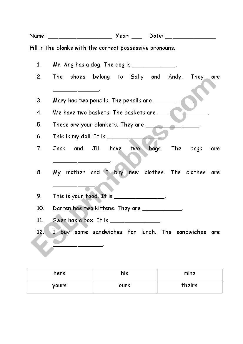 Possessive Pronouns worksheet worksheet