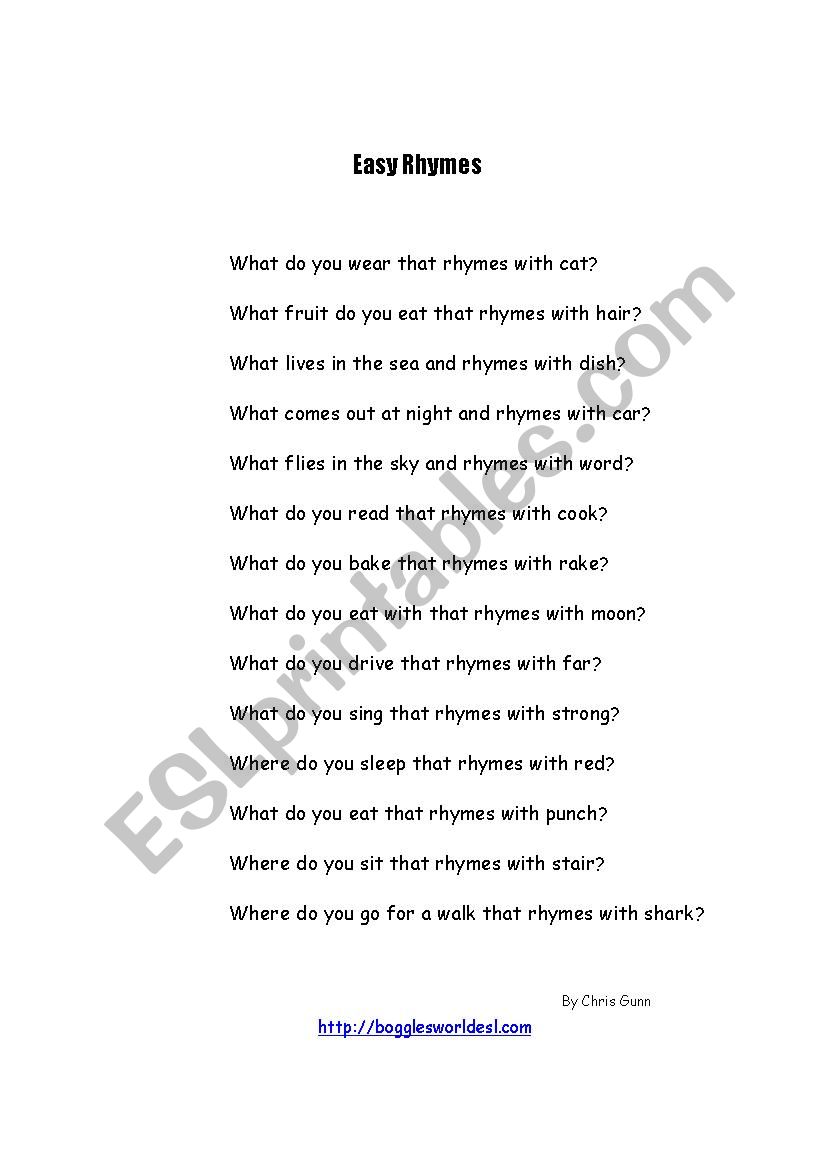 rhyming practise for children worksheet