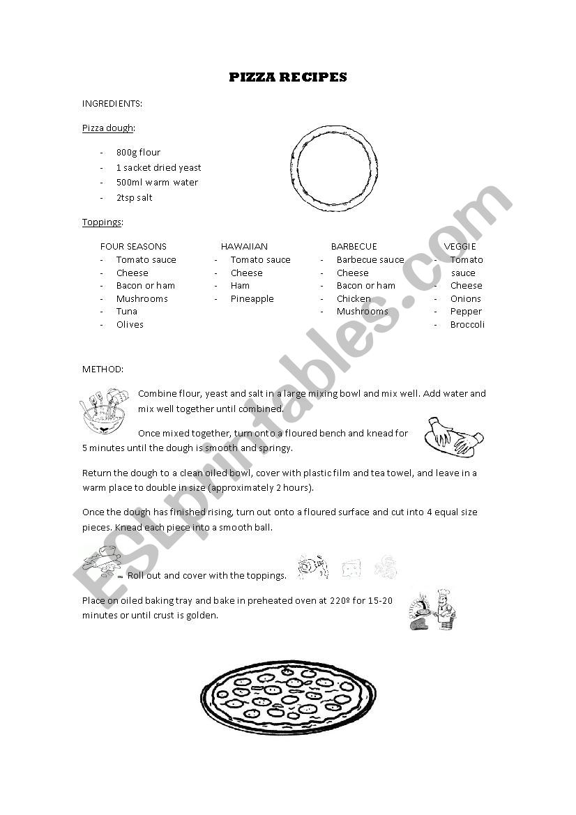 Pizza recipe 1 (text) worksheet