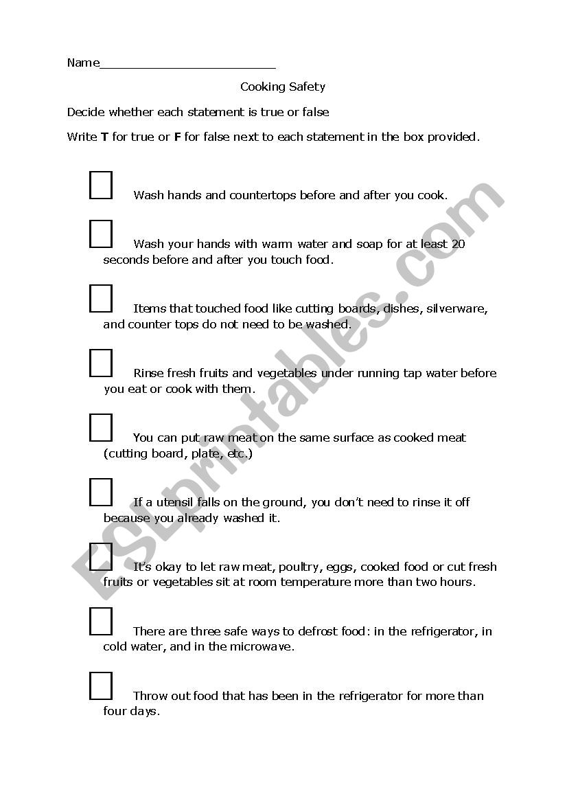 Cooking safety quiz worksheet