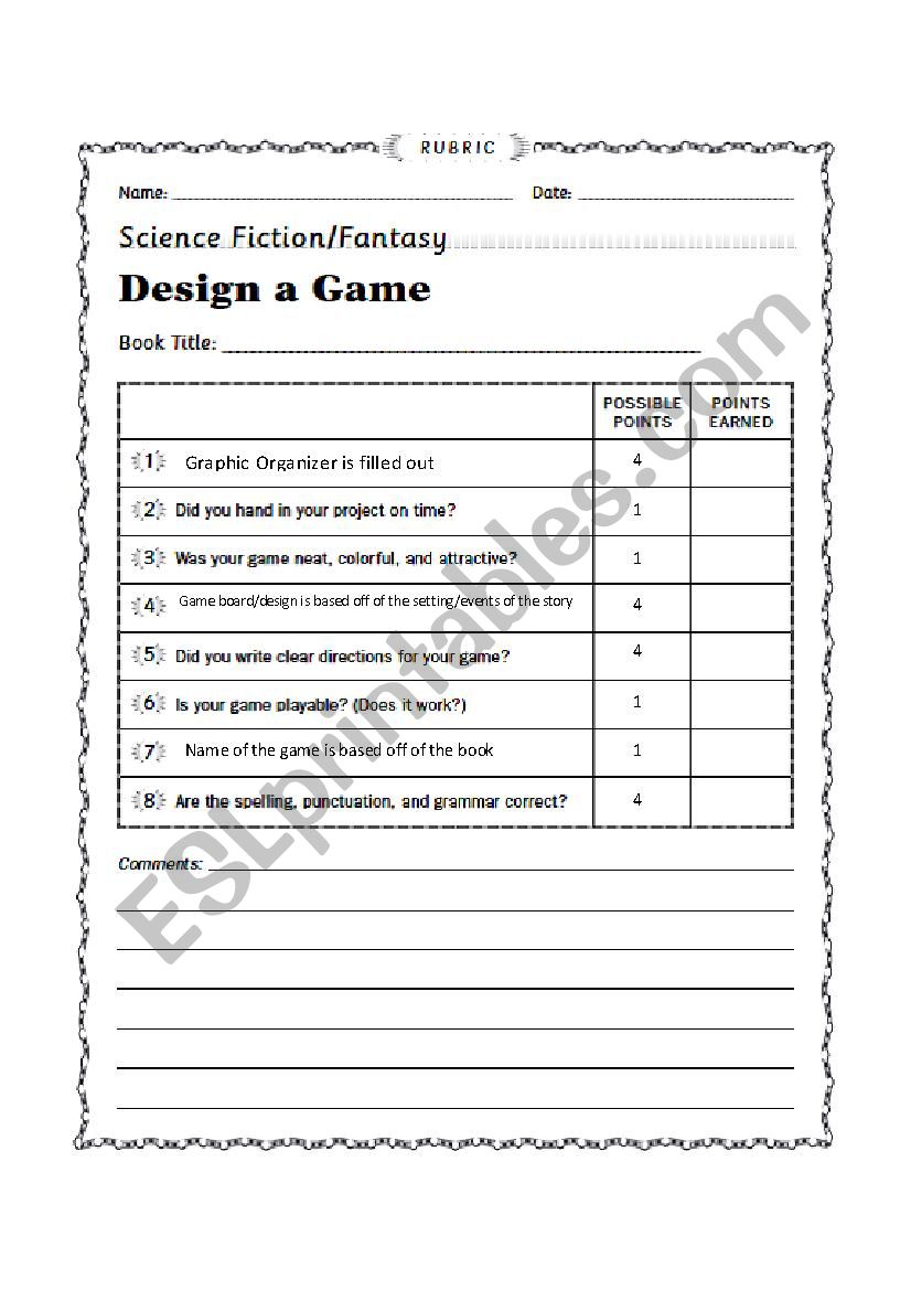 Rubric for Game Board Book Report