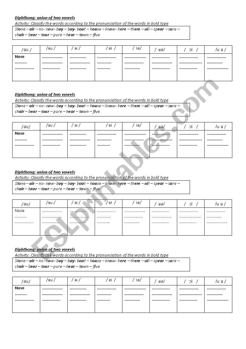 diphthong  worksheet