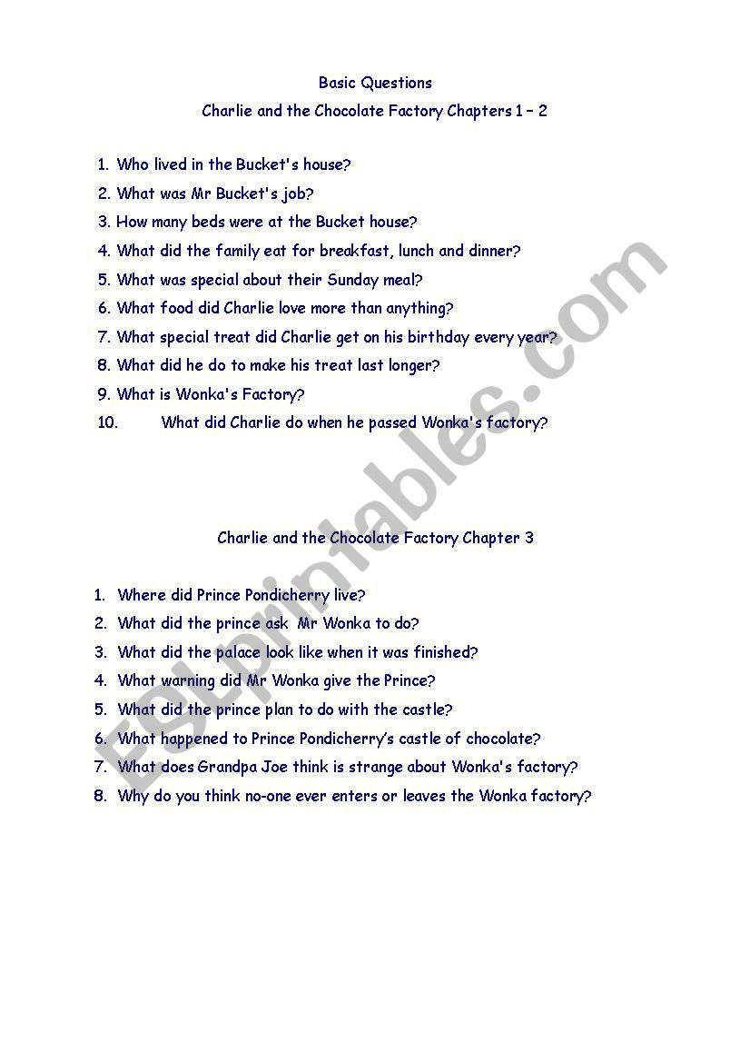 Charlie and the Chocolate Factory Comprehension Questions