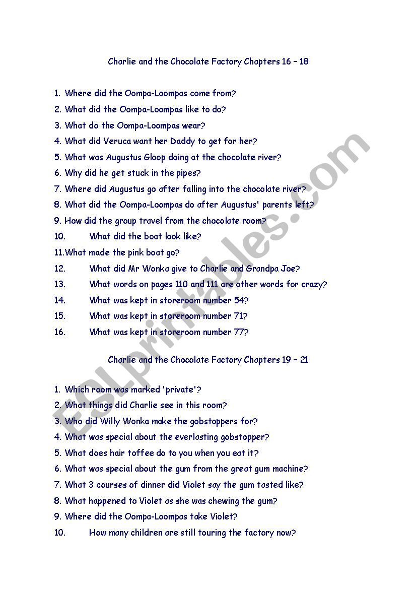Charlie and the Chocolate Factory Comprehension Questions - ESL worksheet by studenth