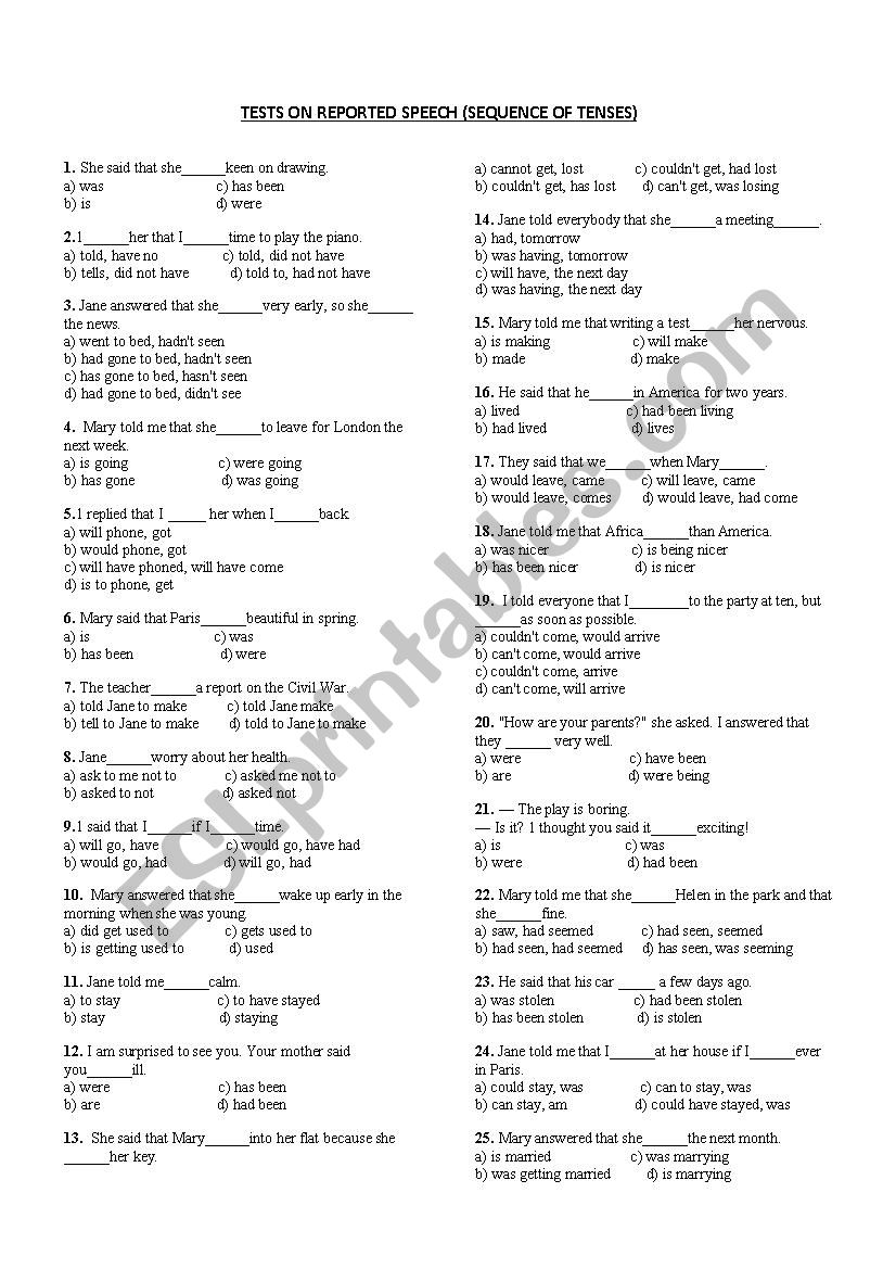 Reported  Speech Tests (Sequence of tenses)
