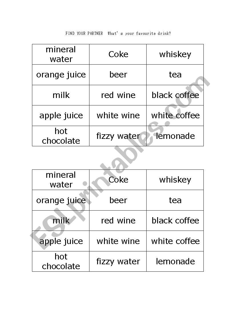 Find Your Partner Drinks worksheet