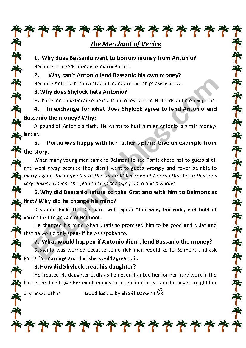 The Merchant of Venice Chapter 1 - questions and answers 