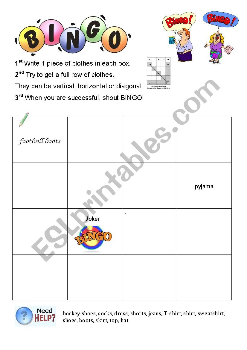 clothes bingo worksheet