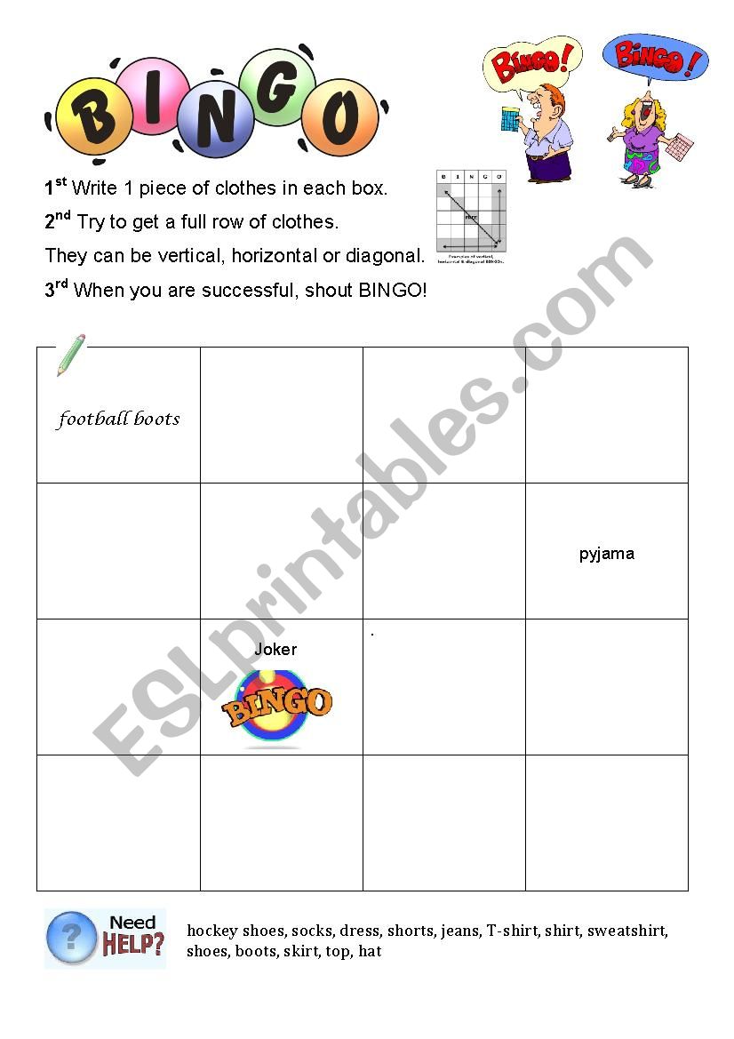 clothes bingo worksheet