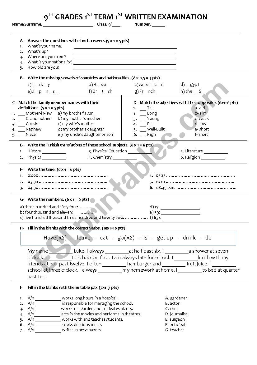 9th GRADE EXAM worksheet