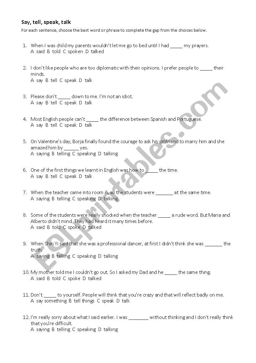 Say, tell, speak, talk worksheet