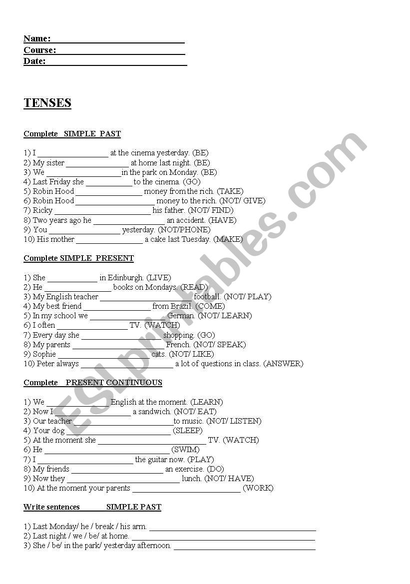 Tenses 2 worksheet