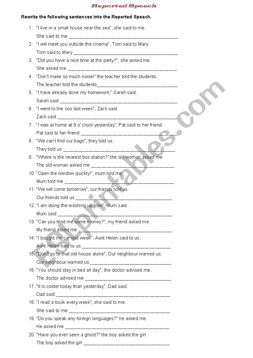 Reported Speech worksheet