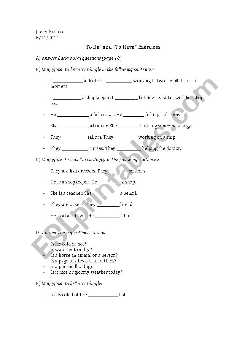 To be and To Have worksheet