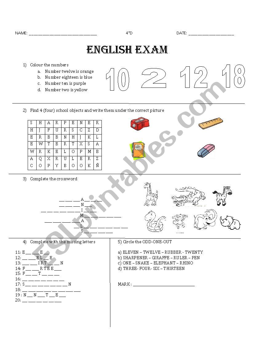 Animals, Numbers and colours  worksheet