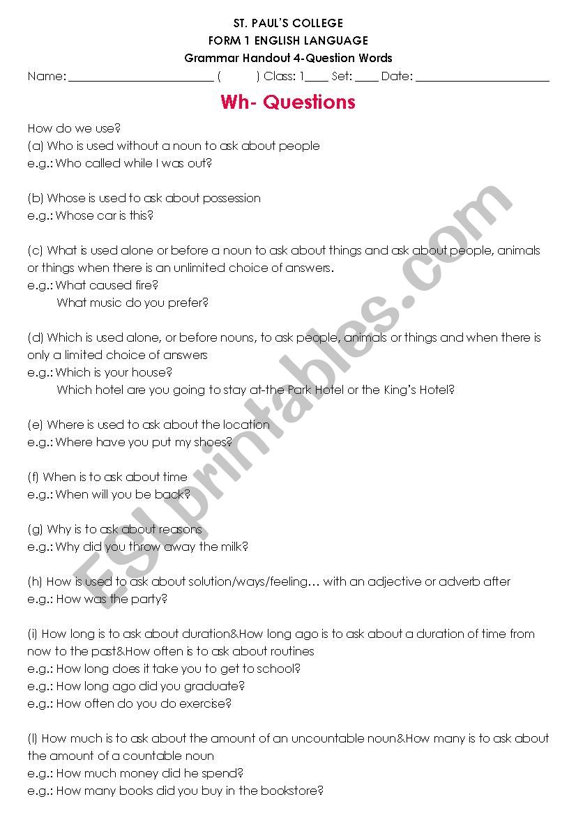 Wh- Questions worksheet