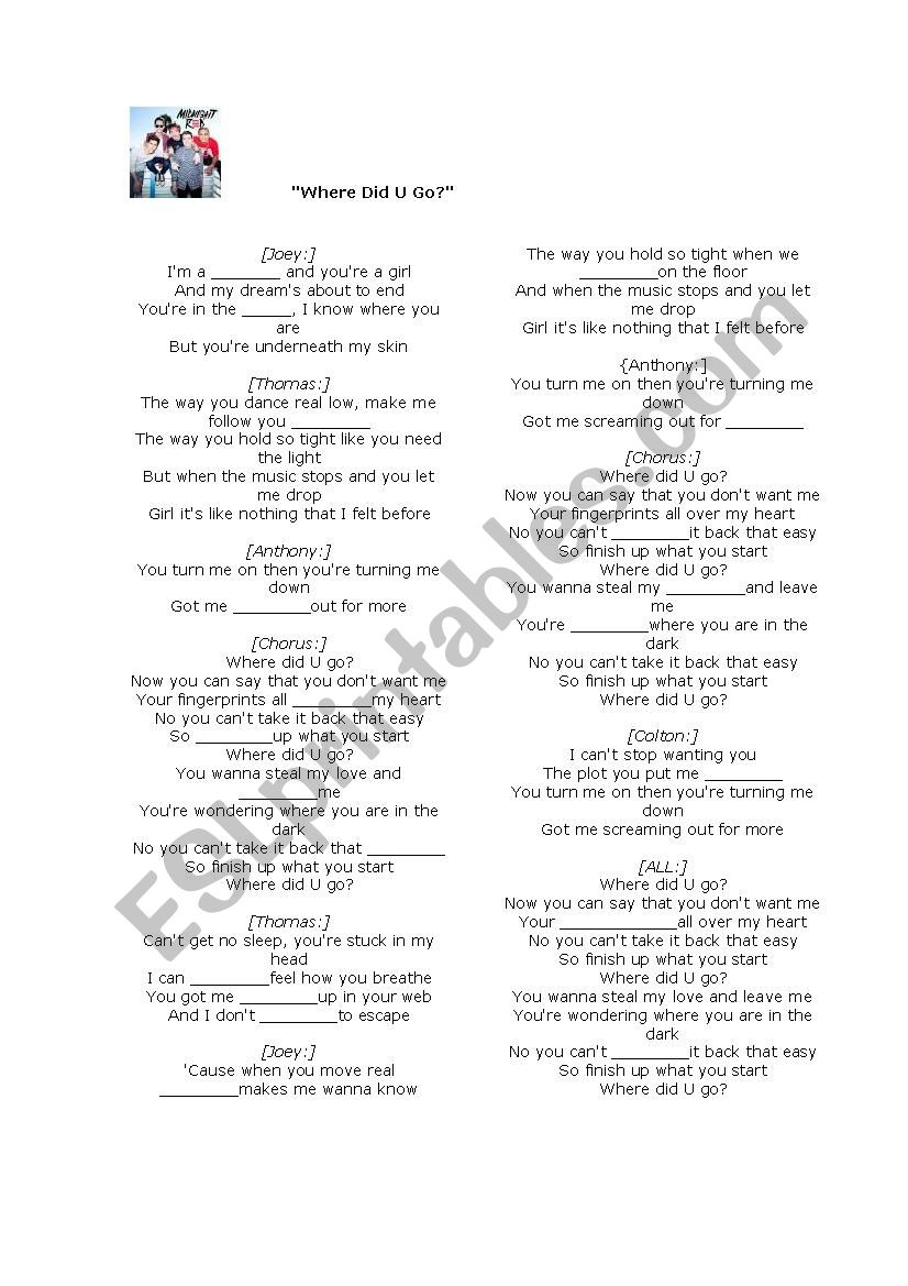 Songs: where did you go worksheet