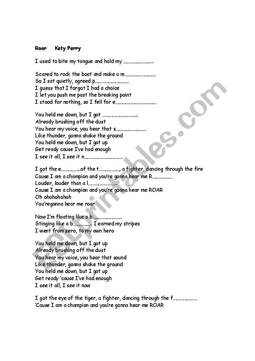 Roar Katy Perry worksheet