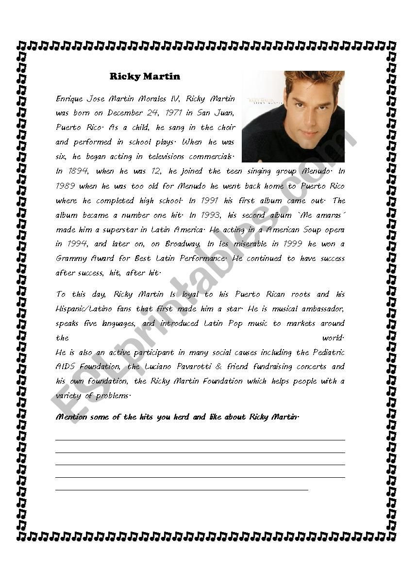 Ricky Martin worksheet