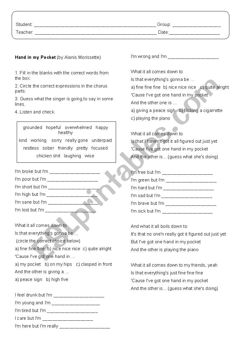 Hand in my Pocket activity worksheet