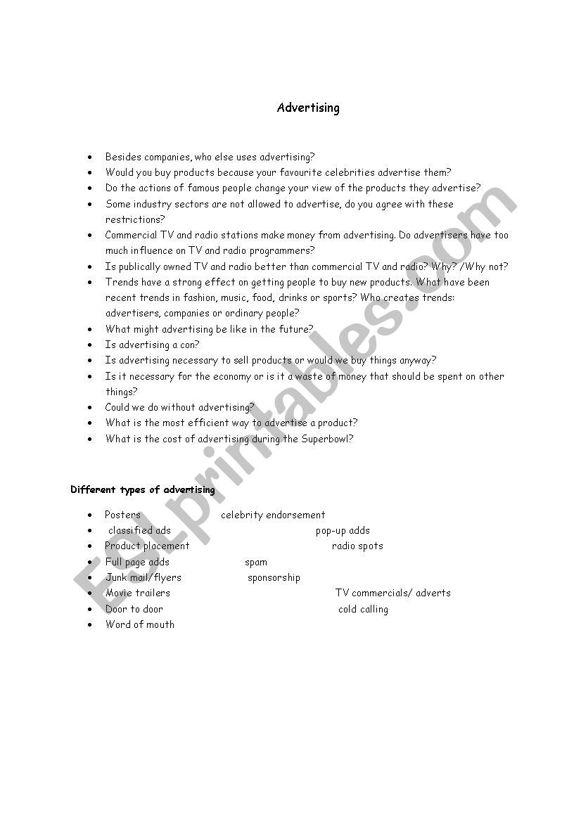 Advertising worksheet