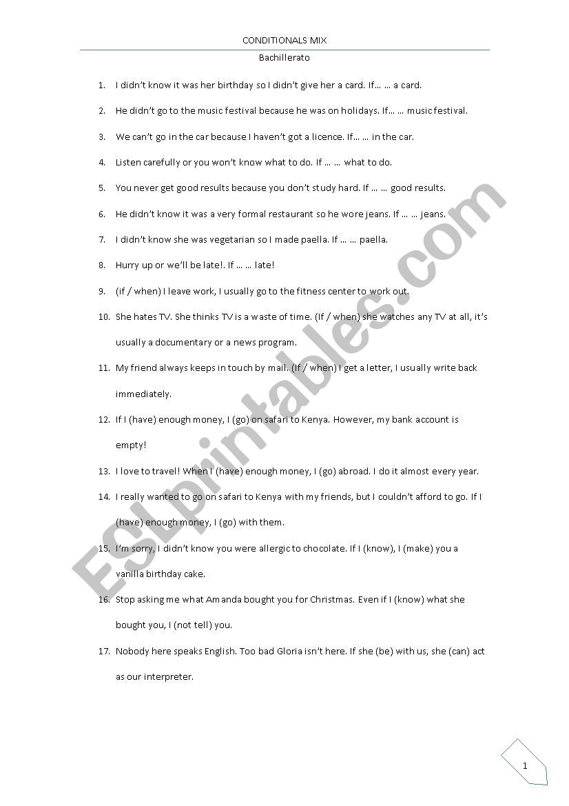Conditional sentences mix worksheet