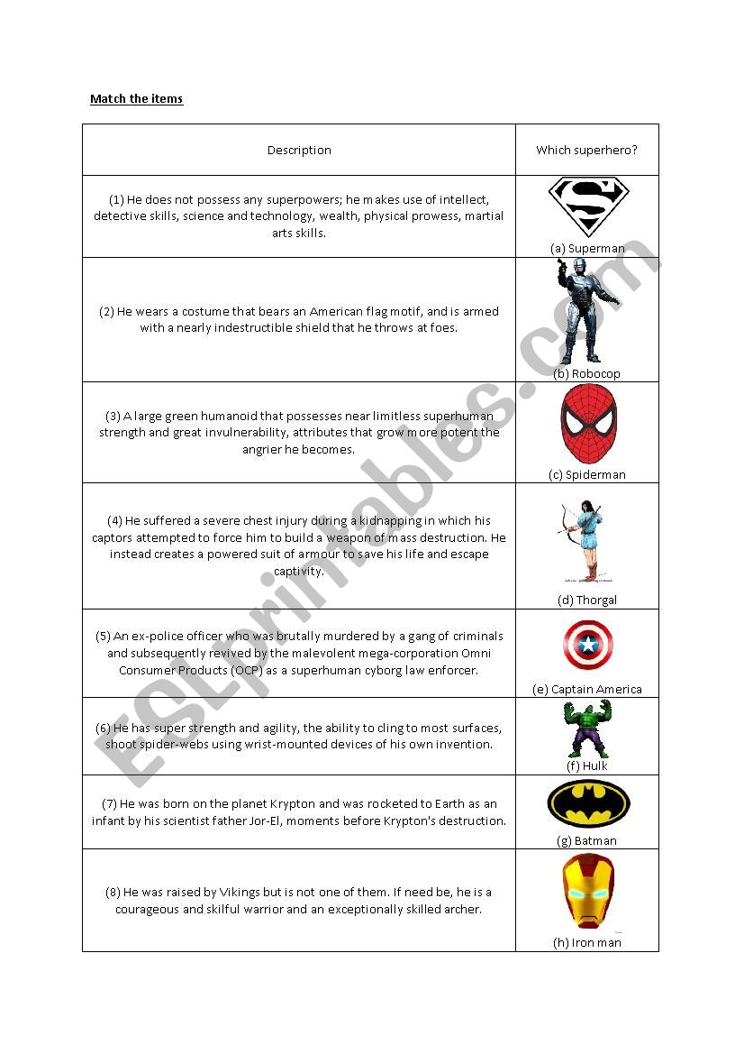 Superheroes worksheet