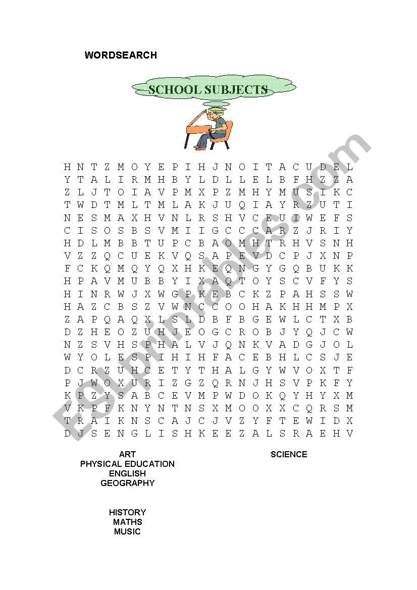 Subjects Wordsearch worksheet